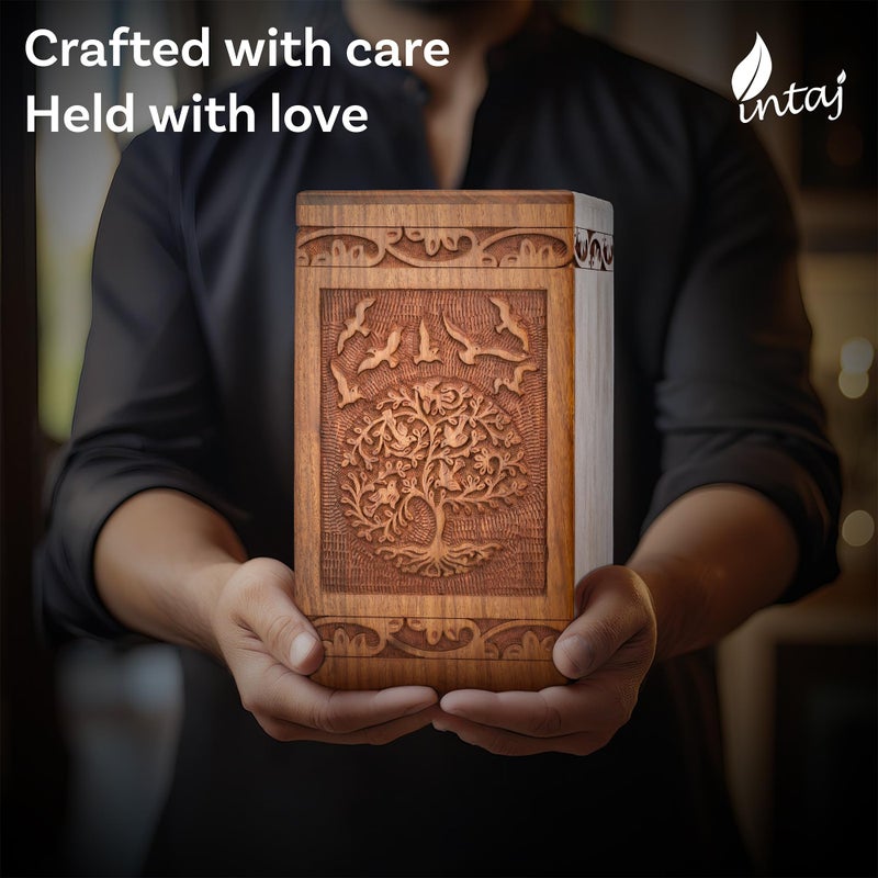 INTAJ Handcarved Wooden Cremation Urn for Human Ashes - Tree of Life Design, 180 lbs Capacity, Suitable for Adult Men and Women - Decorative Funeral Urn Box and Casket - Wooden Carved Box - Image 5